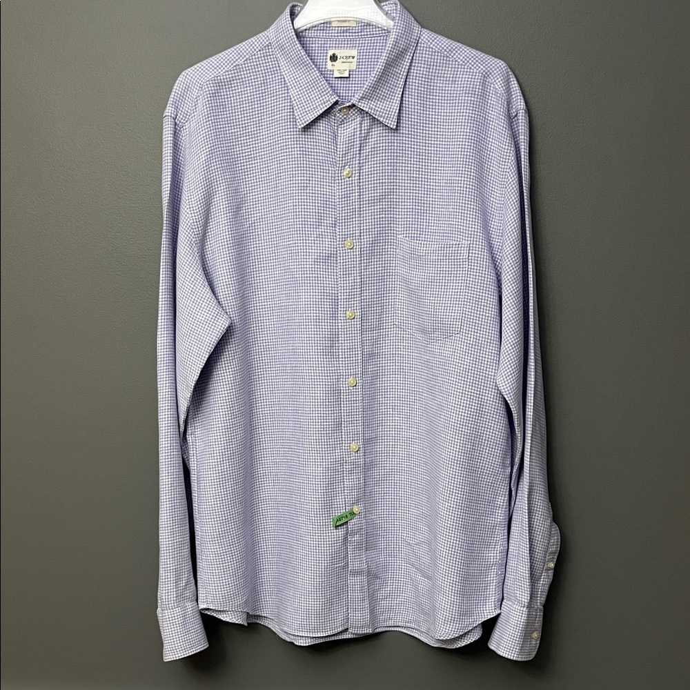 J Crew Men's Purple White Check 100% Linen Long Sleeve Button Down Shirt Size XL